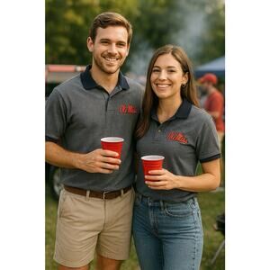 Vintage Ole Miss Rebels Polo Russell Brand Men’s Size L Gray Script Logo